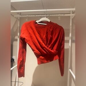Red Draped Knit Long-Sleeve Top